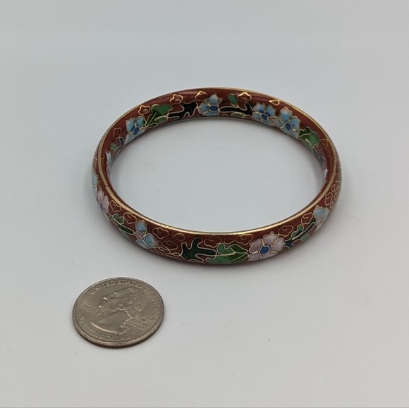 Floral Vintage Cloisonné Costume Bracelet Bangle Red with Flowers - Picture 9 of 11